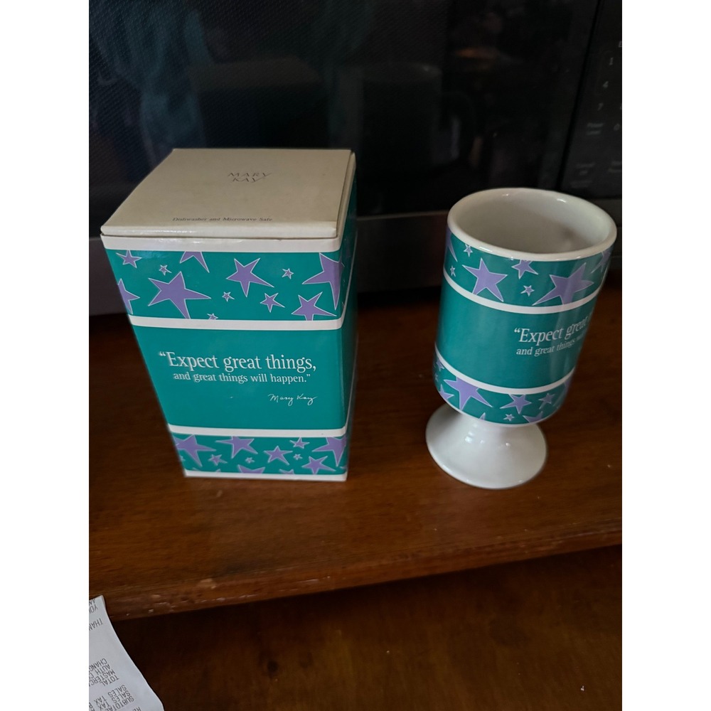 Mary Kay Vintage Teal Purple Star Pedestal Coffee Mug Expect Great Things Boxed‎